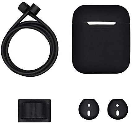 HKEPS AirPods Case 4 in 1 Airpods Accessories Kits Protective Silicone Cover and Skin for Apple Airpods Charging Case with Watch Band Holder/Airpods Strap/Earplug Cap (Black)