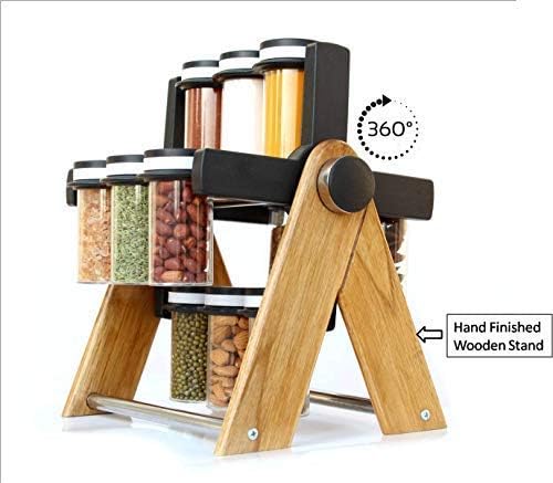 WINTAG W&R 360 Degree Revolving Multipurpose Food Grade Plastic Storage Rack with Wooden Stand, Kitchen Container Jar, 130 ml -Set of 12
