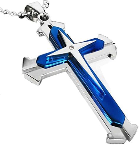 Men Stainless Steel Cross Pendant Necklace Chain Unisex Jewelry Gemstone Crystal Chakra Stone Choker Pendant Necklace (Blue)