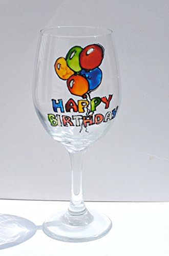 Multi-Colored Happy Birthday Balloons Hand Painted 20 oz Stemmed Wine Glass