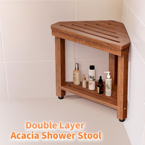 MISSEND Shower Foot Rest 15 in, Acacia Shower Stool for Shaving Legs,Corner Bath Shower Bench with Starage Shelf for Inside Small Shower Spaces