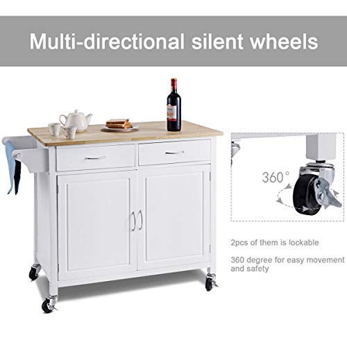WATERJOY Rolling Kitchen Buffet Cart, Wood Utility Kitchen Storage Island Cart with Wood Top, Antique White(43" x 19.5" x 35.5")