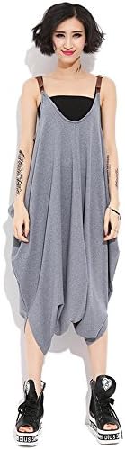 YAELUCKY Women Low Drop Crotch Overalls Wide Legs Pattern Sleeveless Jumpsuit With Pockets (grey)