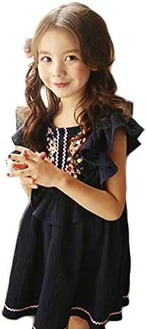 SailGoal Little Girls Ethnic Embroidery Ruffle Sleeveless Cotton&Linen Cute Dresses,Royal Blue,4-5 Years