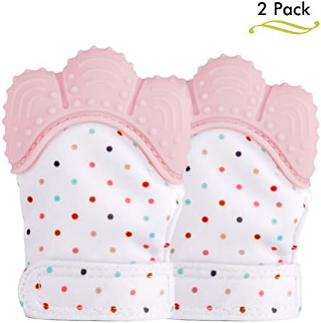 2-Pack PAMISO Baby Teether Mitten, Original Silicone Teething Gloves Toys for Baby Shower, Teether &amp; Teething Relief, Prevents Scratches - Food Grade Material , BPA free (pink)