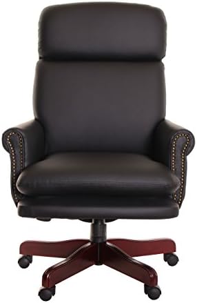 TimeOffice Traditional Executive Vinyl Leather Swivel Recliner Chair With Armrest &amp; Wing Backed Decorative Brass Nails Chair, Upholstered Seat Pad Cherry Wood Chair - Black