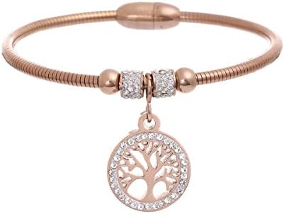 FOXJWEL Tree of Life CZ Charm Bracelet Stainless Steel Magnetic Closure Snake Chain Bracelet Gift for Her