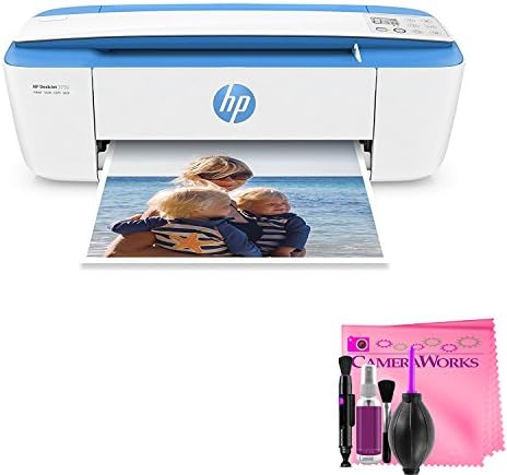 HP DeskJet 3755 Compact All-in-One Wireless Printer with Mobile Printing, HP Instant Ink &amp; Amazon Dash Replenishment ready - Blue Accent (J9V90A) + Camera Works Printer Cleaning Solution