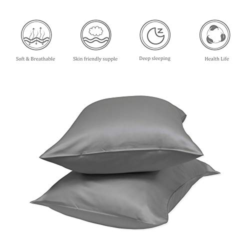 Muama 2 Pack Silk Satin Pillowcases for Hair and Skin, Cool, Soft and Breathable Envelope Closure Pillow Cases Cover【Standard（20x26 Deep Grey】