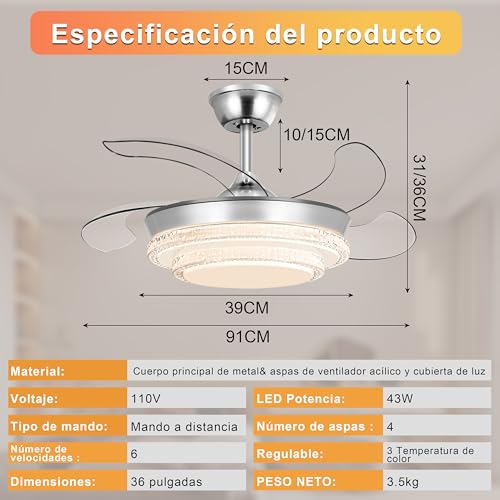 Ohniyou Ventilador de Techo Retráctil de 36 Pulgadas con Luz y Control Remoto, 6 Velocidades, Luz Regulable, Motor Reversible, Ventilador de Techo Moderno para Dormitorio Sala de Estar, Plateado