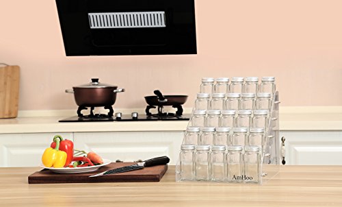 AmHoo Acrylic Spice Rack with 25 Clear Glass Jar Bottles and 80 Chalkboard Labels - 5 Tiers Kitchen Spice Rack Organizer