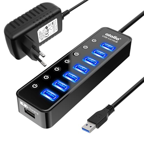 atolla USB Hub Aktiv 3.0 mit Netzteil, 7 Ports USB 3.0 Hub aktiver Datenhub mit Schalter und 1 Intelligenter Charging Port und 20W(5V/4A) Netzteil Ada