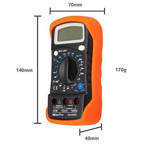 WeePro Vpro850L Digital Multimeter DC AC Voltmeter, Ohm Volt Amp Test Meter, Electric Tester Ohmmeter with Diode and Continuity Detector, Backlit Display and Insulated Rubber Case Kickstand
