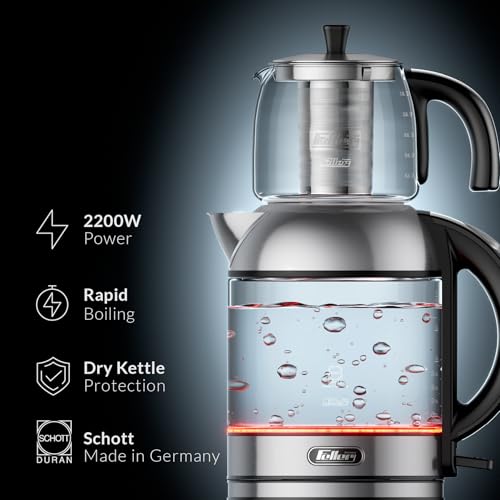 Feller Germany TS289 2-in-1 Tea Maker, 2L German Schott Glass Kettle + 1L Teapot, 2200W Strix Control, Keep Warm, BPA Free, Stainless Steel Filter (Stainless Steel)