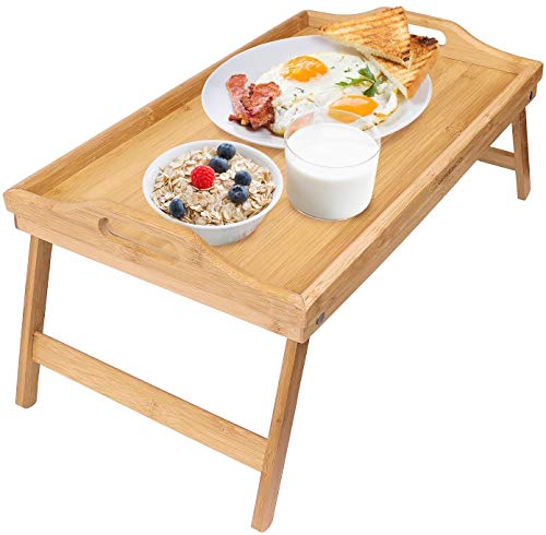 Home-Neat Bamboo Breakfast Bed Tray with Handle Foldable Legs