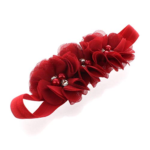 My Lello Baby Flower Headbands Toddler Fabric Beaded Trio Stretchy Elastic Pair (Red/Navy/White/Red) - Thumbnail 5