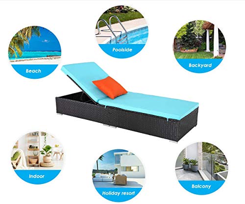 Do4U 3 Pieces Outdoor Patio Chaise Lounge Sets Adjustable Backrest Rattan Wicker Furniture Pool Porch Lounge Chair Set with Coffee Table (Turquoise Cushion) - Thumbnail 4