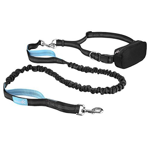 Pecute Hands Free Dog Leash Double Handle Leash with Zipper Pouch -Extendable Bungee with Reflective Stitching - Detachable Waist Belt up to 48” Waist - for Jogging, Running, Hiking (Black + Blue)