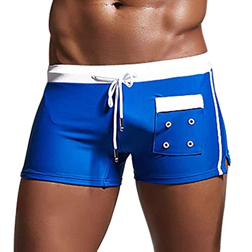 Elogoog Mens Swim Trunk Swimming Briefs Boxer Shorts Solid Color Swimwear Pants Slim Wear with Pocket (M, Blue)