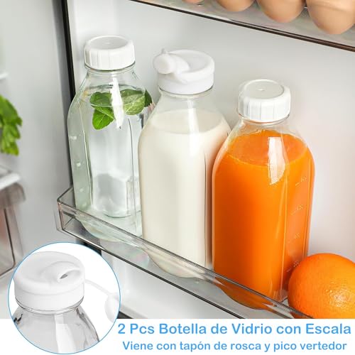 BYKNTEA 2 Piezas Botella de Vidrio para Leche con Tapa 1 Litro, 2 Tetinas y Adhesivo Antideslizante, Fácil de Limpiar, Jarra de Vidrio Grado Alimenticio para Jugo, Miel, Café