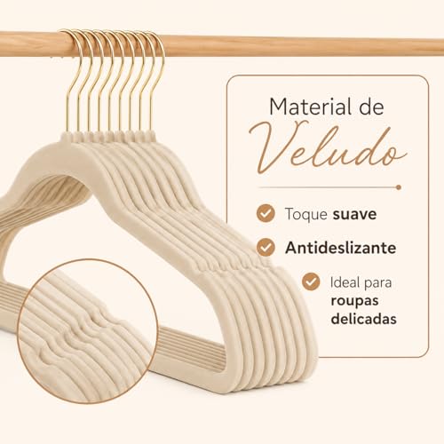 Kit 100 Cabides De Roupas Veludo Premium Preto Bege Slim Antideslizante Adulto Ultra Fino Gancho 360° Calça Camisetas Casacos Resistente (Bege)