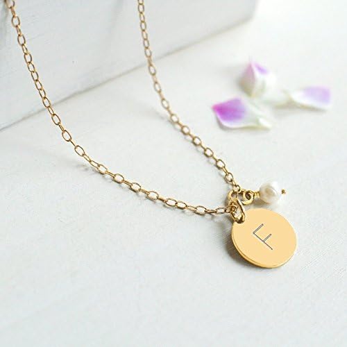Personalised Gold Little Initial Disc and Freshwater Pearl Bridesmaid Necklace, bridesmaid gift, initial disc necklace, gold initial disc necklace