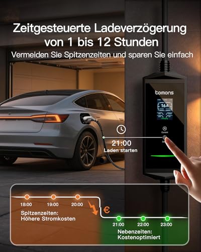 tomons Mobile Wallbox 11 kW with App, Type 2 Charging Cable 7M, 3-Phase 6-16 A 400 V CEE Plug, 2.4 Inch LCD, IP65, Adjustable Charging Power and Start Time, for E Car ID.3/4/5/7, Model Y/3, ENYAQ and