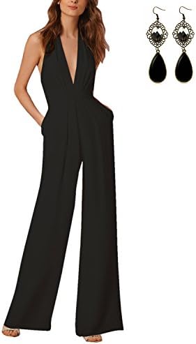 Sitengle Women Sexy Deep V-Neck Open Back Solid Jumpsuit M Black