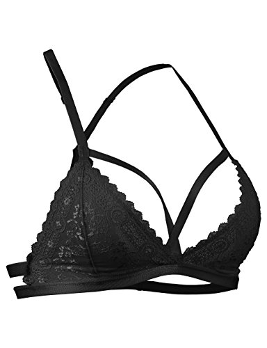 BEKDO Womens Crisscross Cage Front Triangle Floral Lace Racerback Bralette Top