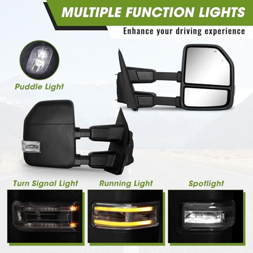 Siziom Towing Mirrors for F150 Ford Pickup 2021-2025, F250 (2023-2025) Tow Mirrors with Turn Signal & Running Light Heated Power Glass Pair Set (Unpainted)