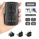 Upgraded DOACE C11 2000W Travel Voltage Converter for Hair Dryer Straightener Curling Iron, Step Down 220V to 110V, 10A Power Adapter with 2 USB and EU/UK/AU/US Plugs for Laptop Camera Cell Phone