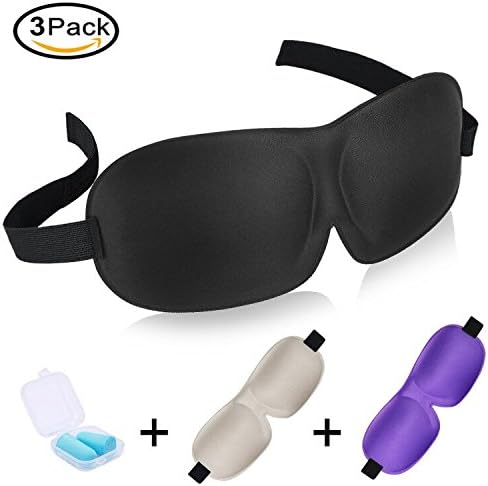 Hyfam 3D Sleep Mask, Adjustable Eye Mask for Airplane Sleeping Side Eyemasks Blackout Eyeshade Eye Blinders Blindfold Eyepatch with Ear Plugs for Travel Nap Shift Work Pack of 3 (Black, Purple, Khaki)
