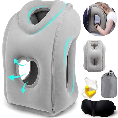 WAYAMY Almohada de Viaje Inflable, Almohada para Dormir en la Oficina, El Cuello con máscara de Ojos y Tapones para los oídos, Almohada Inflable para el Cuello Utilizada para Aviones