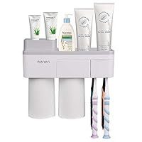 Aiamo Toothbrush Holders Wall Mount, Punch-Free Bathroom Storage Box, with Dust Cover | 4 Toothbrush Slots | Mobile Phone Holder | Locker | Magnetic Cup (Gray 2 Cups)