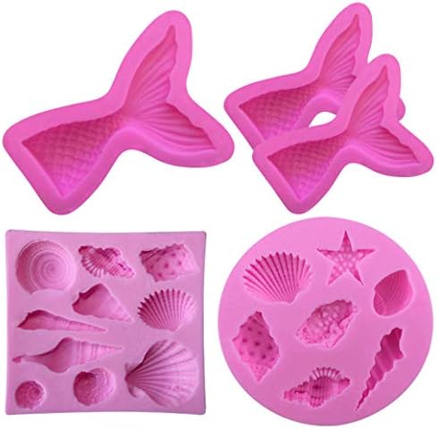Mini Silicone Fondant Cake Molds Mermaid Tails Seashells Non-stick BPA Free Chocolate Jelly Candy Mold Cupcake DIY Baking Decoration Tool 5pcs