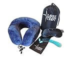 Globe Trot Gear Memory Foam Travel Neck Pillow with Ear Plugs, Carrying case, Eye Mask and Gel (Blue with Black Eye Mask)