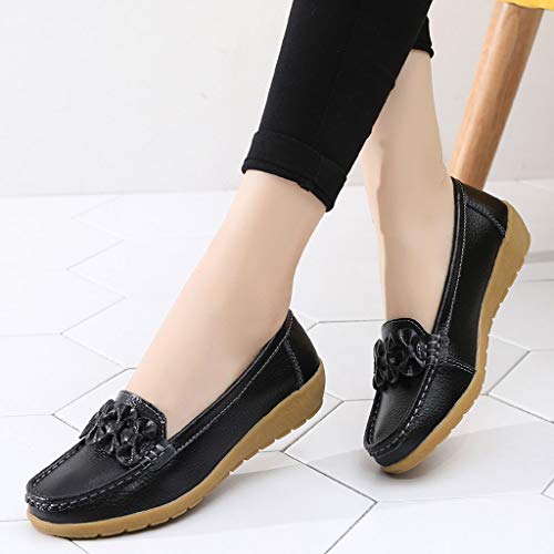 Women's Leather Loafers Moccasins Wild Driving Casual Flats Oxfords Breathable Shoes Black - Thumbnail 4