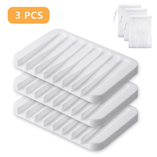 Yako 3Pcs Soap Dish, Bar Soap Holder Box Stand Case Saver Tray for Shower Bathroom Kitchen, Premium Flexible Silicone Soap Dishes, Prevent Melting, Non-Slip Design, Easy Cleaning, White - Thumbnail 7
