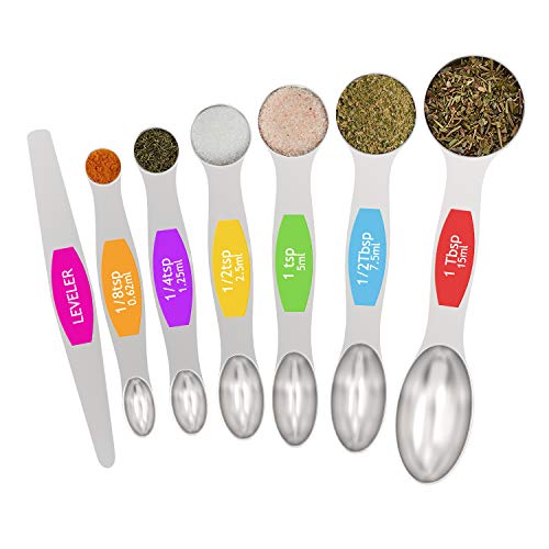 Magnetic Measuring Spoons Set - Wildone Stainless Steel Double Sided Measuring Spoons Set of 7, for Dry and Liquid Ingredients, including 6 Heavy Duty Nesting Spoons, 1 Leveler, Fits in Spice Jar