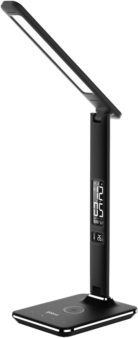groov e Ares LED Lamp - Touch Control Desk Light with Fold Design - 3 Lighting Modes, Built-in Wireless Charger, Alarm Clock, & Digital Display with Time & Calender - Mains Operated - Black
