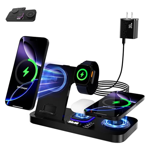 RFVUC 6 in 1 Alarm Clock with Wireless Charging,30W Wireless Charger Stand Dock for iPhone 16/15/14/13/12/Pro/Max/XR/Samsung Galaxy,for AirPods and Apple Watch