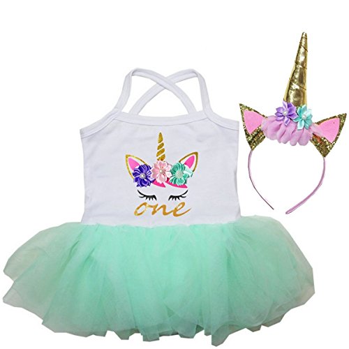 Kirei Sui Baby One Birthday Unicorn Bodysuit & Gold Headband XL Mint