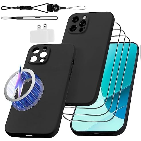 Fudley C𝐚𝐬𝐞[9in1] Silicone for iPhone 12 Pro Max Phone case, Equipped with 3 toughened Glass Screen Protectors+lanyards, Military Grade Drop Shockproof Protective case 6.7inches Black