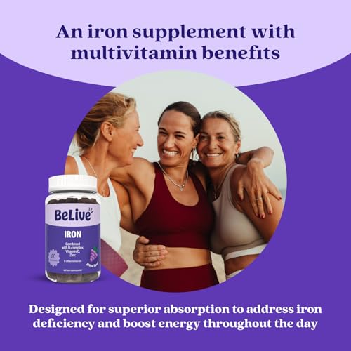 BeLive Iron Gummies For Women, Men & Kids - Multivitamin Supplement with Vitamin C, B and Zinc - Supports Red Blood Cell Production - Grape Flavor - 60 Count - Gluten Free