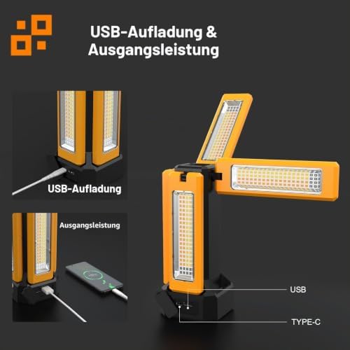 Solar-Akku LED Baustrahler mit Stativ, 13200mAh Kapazität Akku, 8000 Lumen Helligkeit LED Strahler, für Baustellen, Outdoor-Camping, Werkstatt und Studio (Orange ohne Stativ)