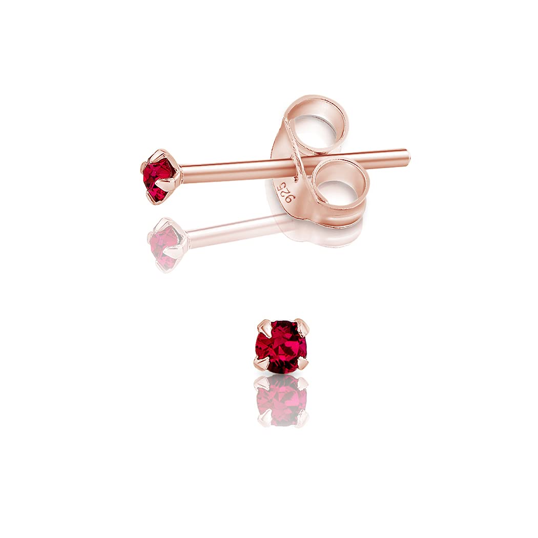 Small Solitaire Stud Earrings 925 Sterling Silver Rose Gold Plated 18K - Tiny Gold Studs 2 mm - Minimalist Sparkle Stud Earrings with Ruby Crystal