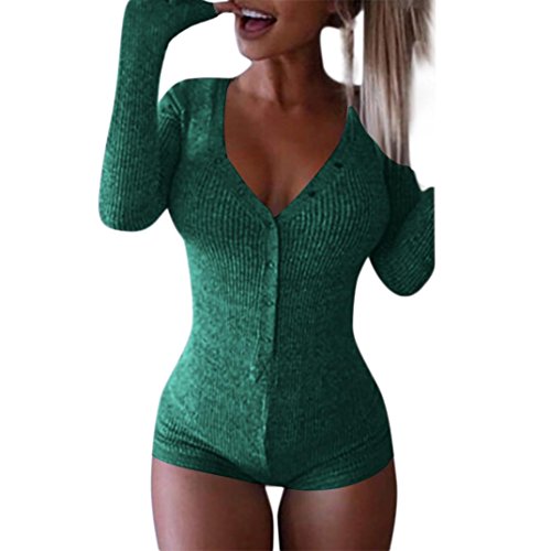 Rambling Long Sleeve Bodysuit Stretch Jumpsuit for Women, Sexy Slim Romper Playsuits Shorts Pants Green - Thumbnail 4