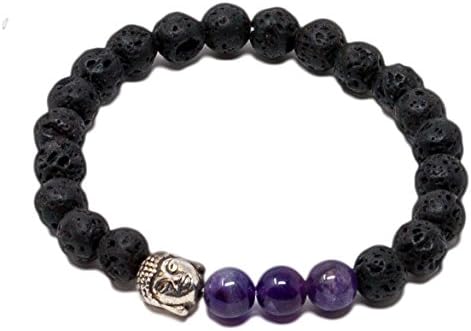 East Coast Designs Men's Buddha Bracelet - Mala Stretch Healing Bracelet with 8mm February Birthstone Amethyst and Natural Lava Bead Bracelet