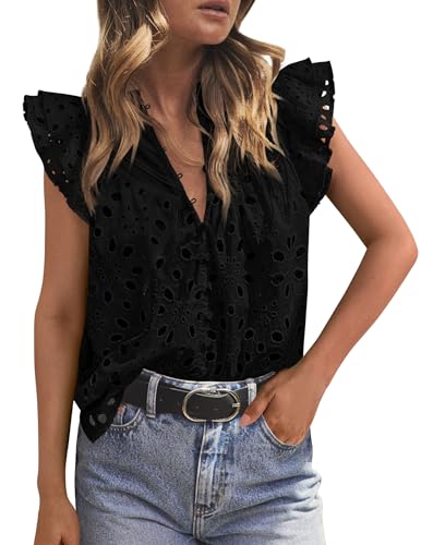 PRETTYGARDEN Women's Eyelet V Neck Top