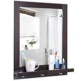 Homfa Bathroom Wall Mirror Vanity Mirror Makeup Mirror Framed Mirror with Shelf and 3 Hanging Hooks Multipurpose for Home, Dark Brown